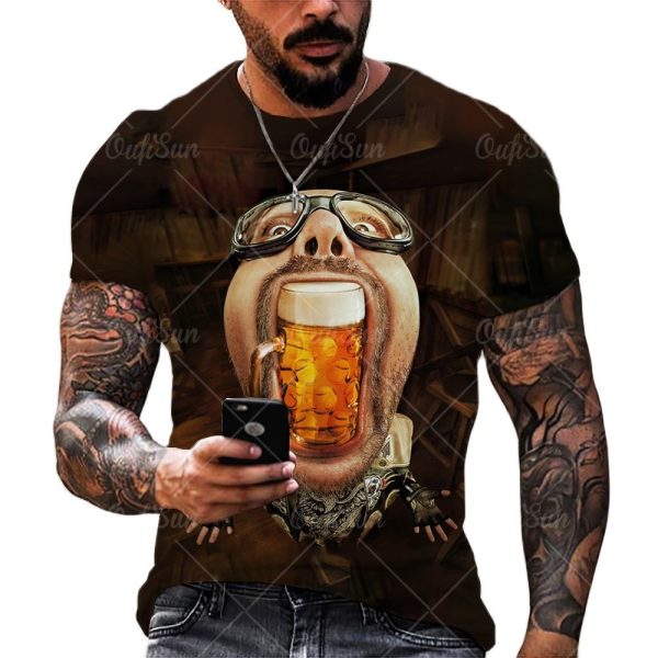 Beer 3D Print Men's T-shirts Summer Polyester O-Neck Breathable Short Sleeve Loose Tops Tees Oversized T Shirt Men Clothing 6XL