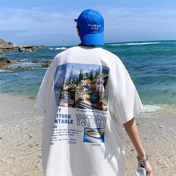Landscape Graphic Print T Shirt For Men Summer Streetwear Letter Cotton Short Sleeve Tops Hip Hop Fashion Y2K Oversize T-Shirt - Image 3