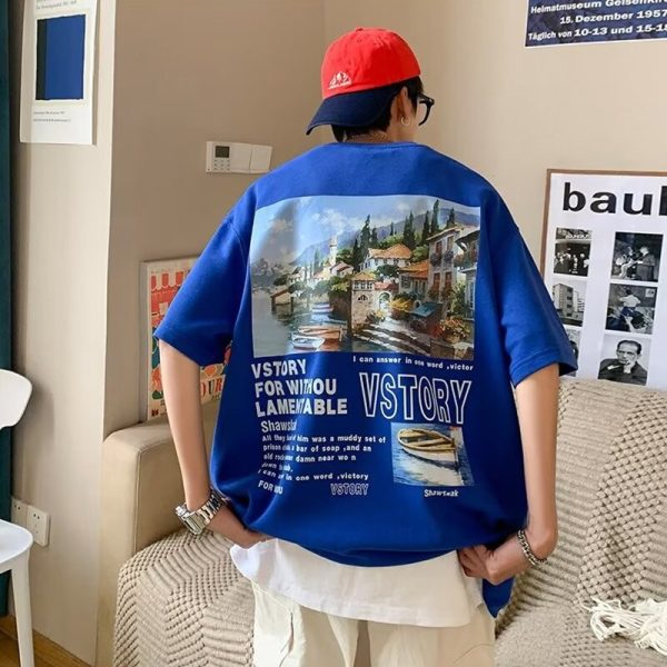 Landscape Graphic Print T Shirt For Men Summer Streetwear Letter Cotton Short Sleeve Tops Hip Hop Fashion Y2K Oversize T-Shirt - Image 5