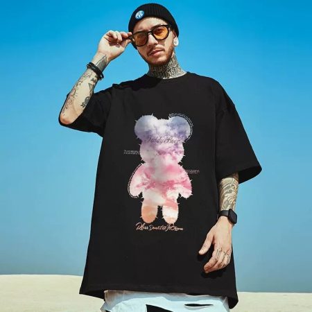 Pink Clouds Bear Graphic T Shirt For Men Summer Casual Short Sleeve Tee Shirt Male Hip Hop Oversized T-Shirt Y2K Streetwear Tops