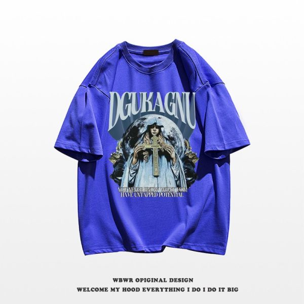 Summer Men's American Retro T-Shirt Gothic Cross Printed Cotton Short Sleeve Tshirt Couples Hip Hop Y2K Streetwear Tee Shirts - Image 3