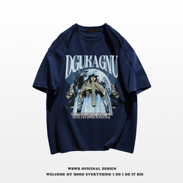 Summer Men's American Retro T-Shirt Gothic Cross Printed Cotton Short Sleeve Tshirt Couples Hip Hop Y2K Streetwear Tee Shirts - Image 4