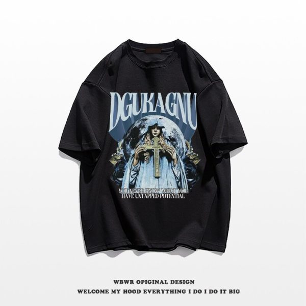 Summer Men's American Retro T-Shirt Gothic Cross Printed Cotton Short Sleeve Tshirt Couples Hip Hop Y2K Streetwear Tee Shirts - Image 5