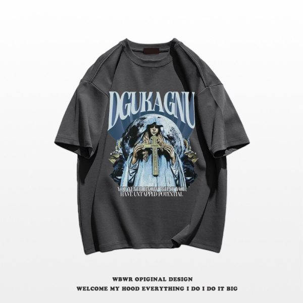 Summer Men's American Retro T-Shirt Gothic Cross Printed Cotton Short Sleeve Tshirt Couples Hip Hop Y2K Streetwear Tee Shirts - Image 6