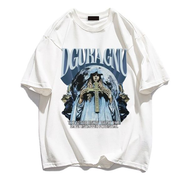 Summer Men's American Retro T-Shirt Gothic Cross Printed Cotton Short Sleeve Tshirt Couples Hip Hop Y2K Streetwear Tee Shirts