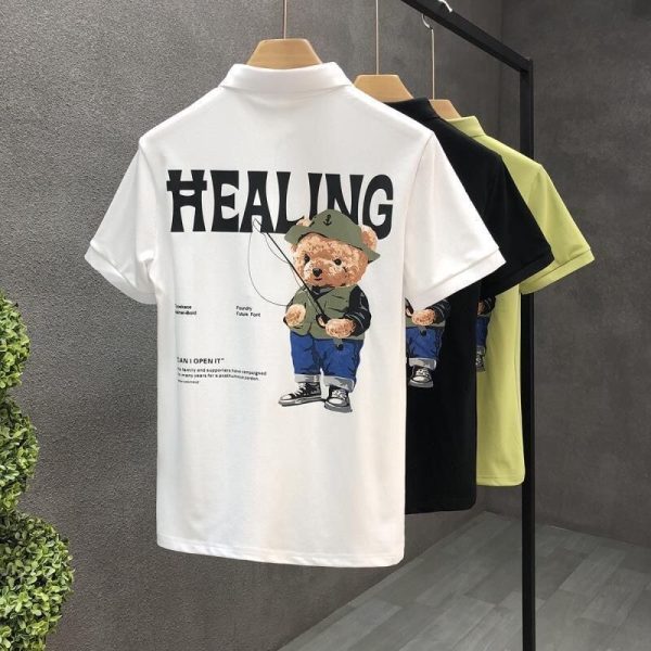 Summer Men's Business Short Sleeve Embroidered Polo Shirt Fashion style bear print Loose Oversize Casual Lapel polo t shirt - Image 4