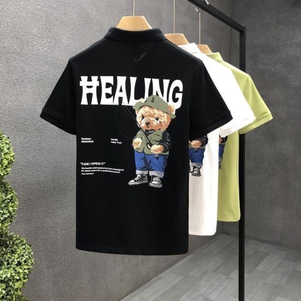Summer Men's Business Short Sleeve Embroidered Polo Shirt Fashion style bear print Loose Oversize Casual Lapel polo t shirt - Image 6